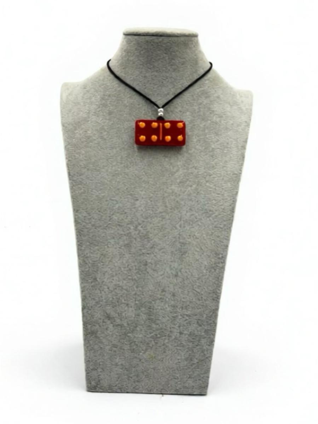Red Fused Glass Domino Pendant with Pumpkin Orange Details (6-6) - 2” x 1”