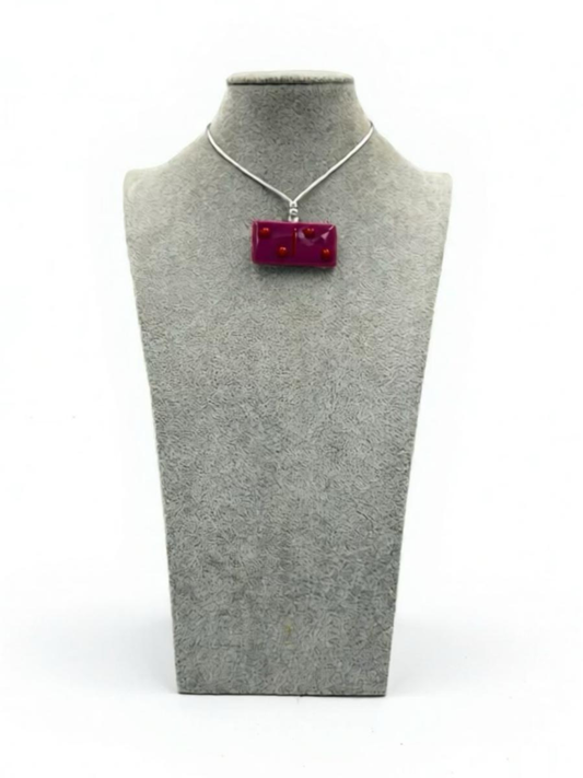 Pink Fused Glass Domino Pendant with Red Details - 2” x 1”