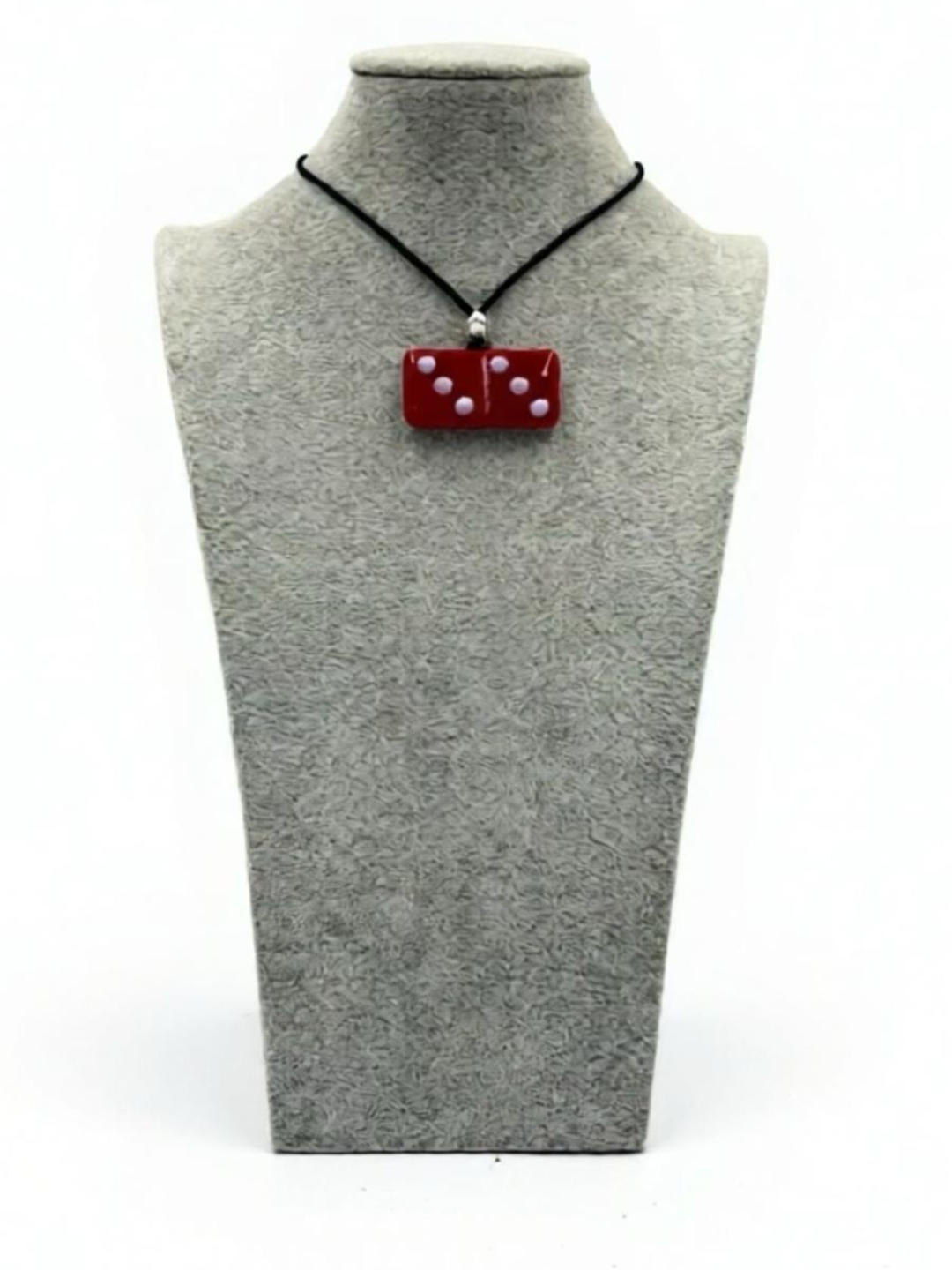 Red Fused Glass Domino Pendant with Petal Pink Details (4-5) - 2” x 1”