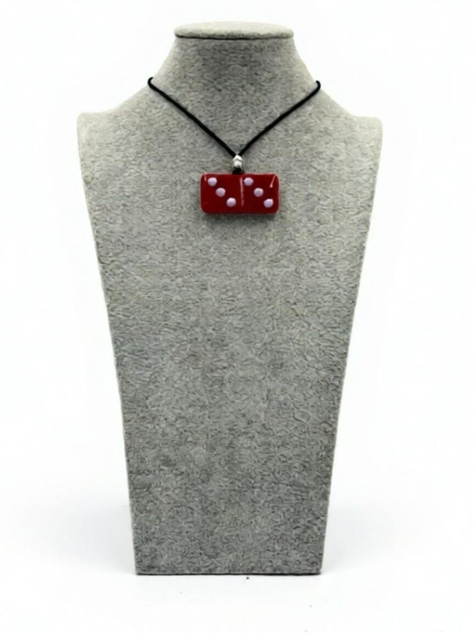 Red Fused Glass Domino Pendant with Petal Pink Details (4-5) - 2” x 1”