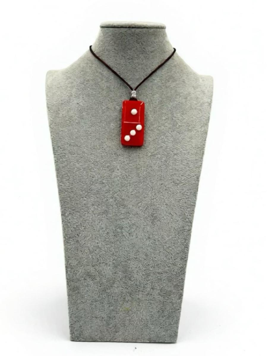 Red Fused Glass Domino Pendant with French Vanilla Details (1-3) - 2” x 1”