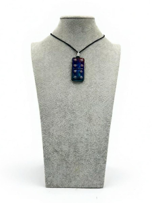 Black Iridescent Fused Glass Domino Pendant with Lilac Details - 2” x 1”