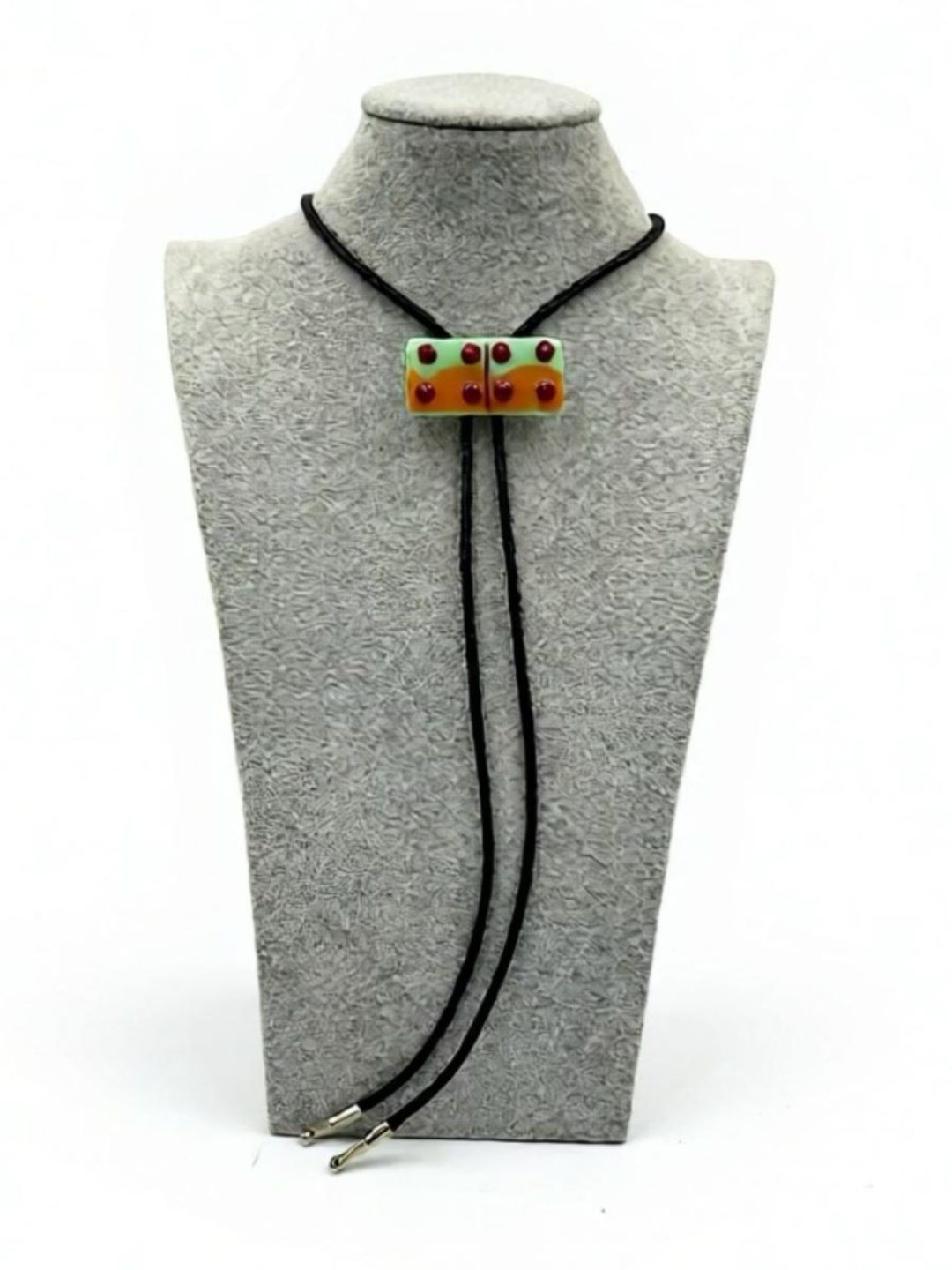 Mint Green/Orange Fused Glass Domino Bolo Tie with Red Details - 2” x 1”