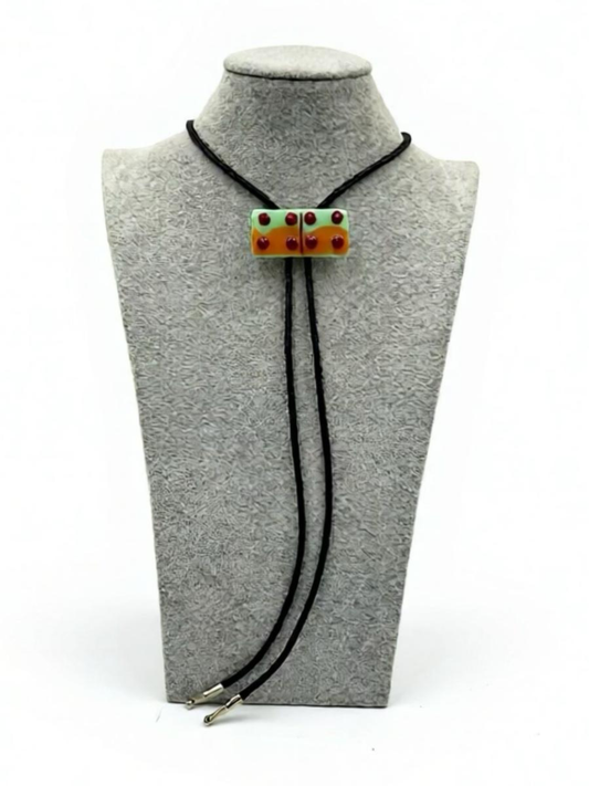 Mint Green/Orange Fused Glass Domino Bolo Tie with Red Details - 2” x 1”