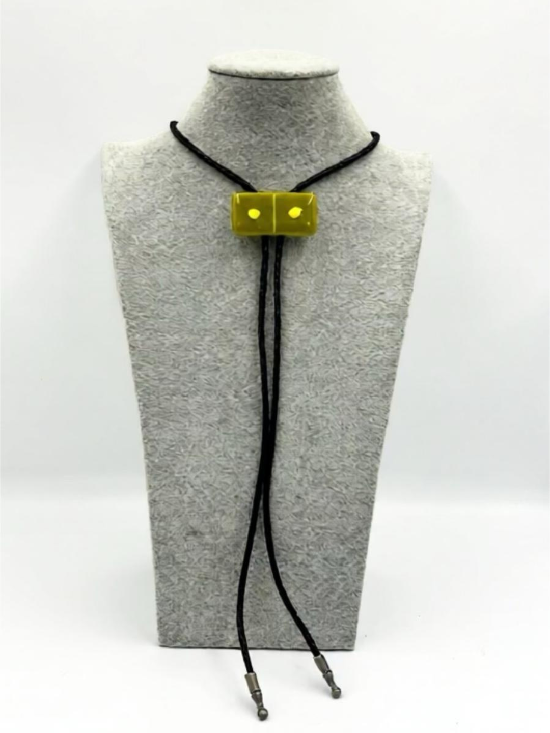 Avocado Green Fused Glass Domino Bolo Tie with Yellow Details - 2” x 1”