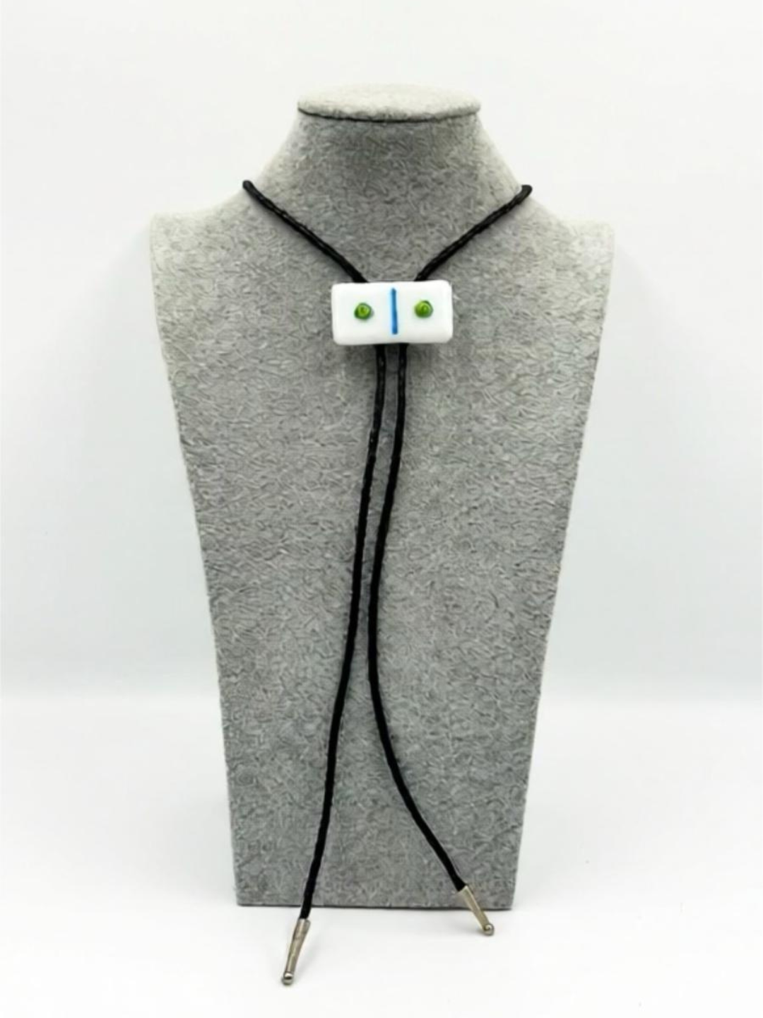 White Fused Glass Domino Bolo Tie with Blue/Green Details - 2” x 1”