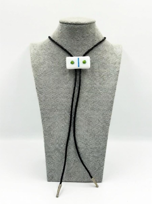 White Fused Glass Domino Bolo Tie with Blue/Green Details - 2” x 1”