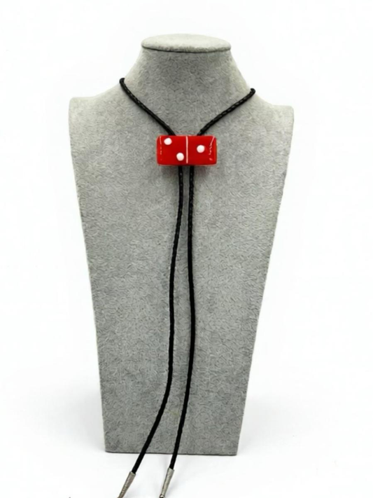 Red Fused Glass Domino Bolo Tie with French Vanilla Details - 2” x 1”