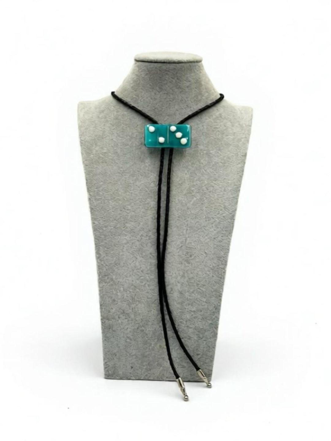 Peacock Blue/White Mix Fused Glass Domino Bolo Tie with French Vanilla Details - 2” x 1”