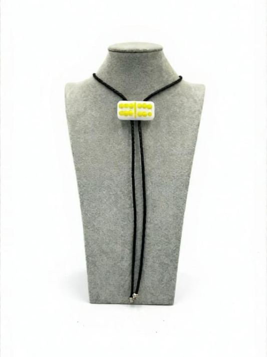 White Fused Glass Domino Bolo Tie with Yellow Details (6-6) - 2” x 1”