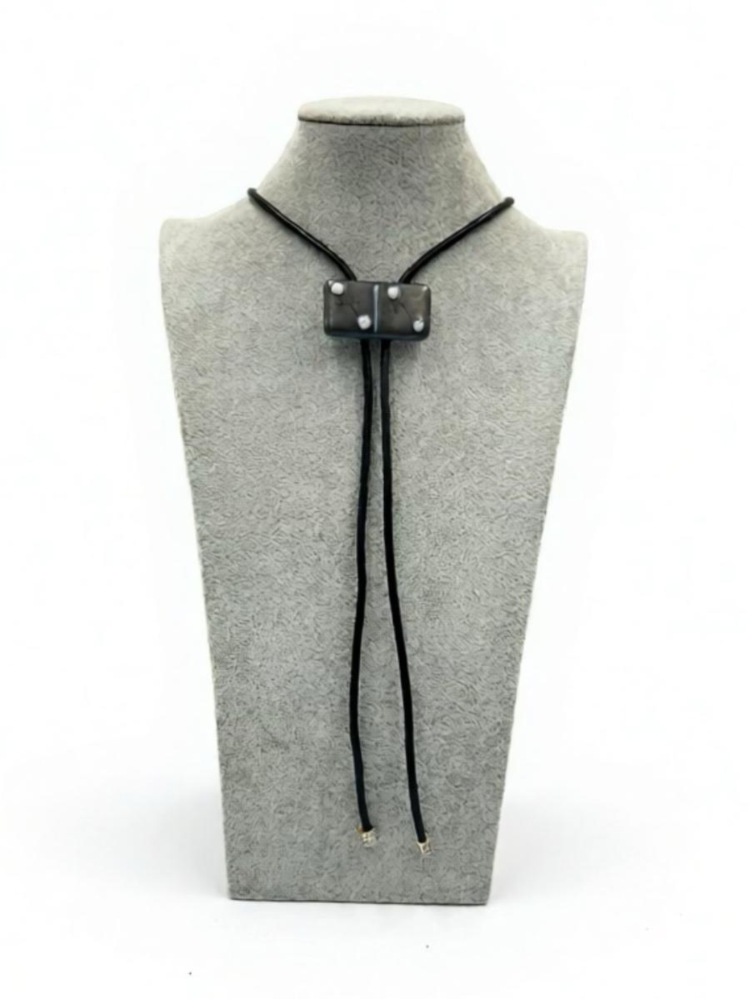 Metal Grey Fused Glass Domino Bolo Tie with White Details - 2” x 1”