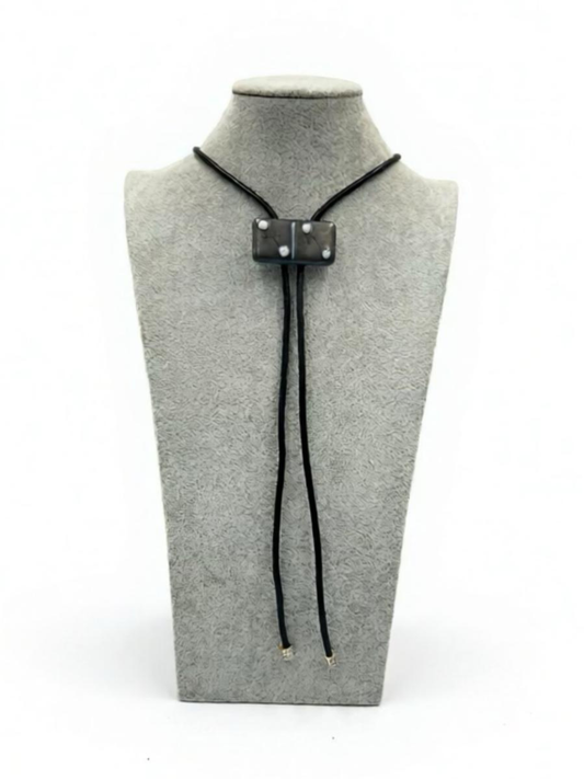 Metal Grey Fused Glass Domino Bolo Tie with White Details - 2” x 1”