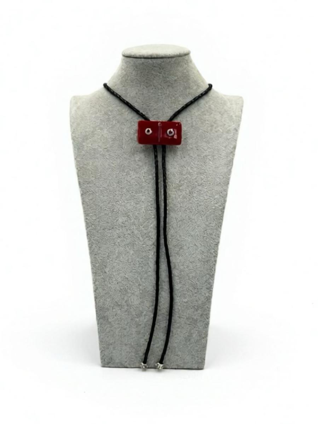 Red Fused Glass Domino Bolo Tie with White/Red Details (1-1) - 2” x 1”
