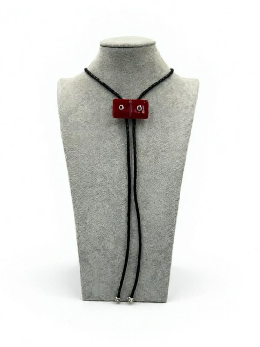 Red Fused Glass Domino Bolo Tie with White/Red Details (1-1) - 2” x 1”