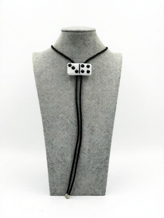 White Fused Glass Domino Bolo Tie with Black Details (3-6) - 2” x 1”
