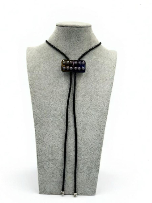 Black Iridescent Fused Glass Domino Bolo Tie with Lilac Details - 2” x 1”