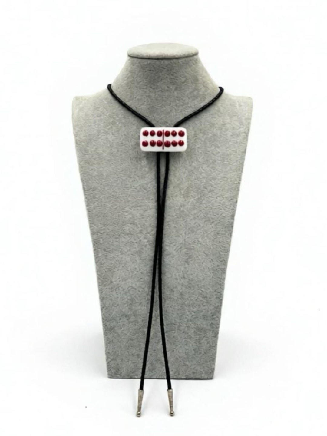 White Fused Glass Domino Bolo Tie with Red Details (6-6) - 2” x 1”