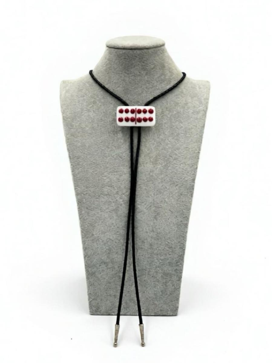 White Fused Glass Domino Bolo Tie with Red Details (6-6) - 2” x 1”