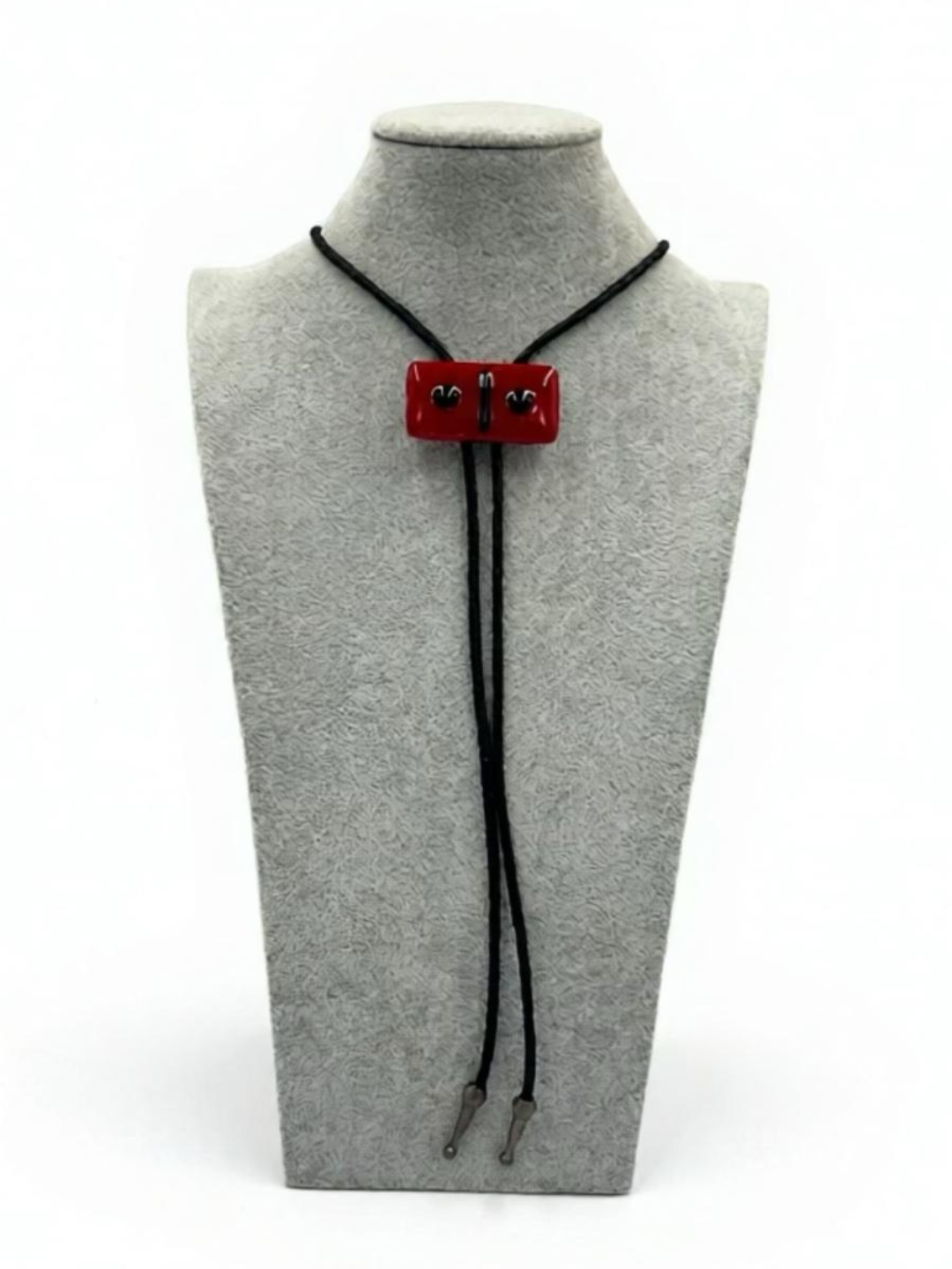 Red Fused Glass Domino Bolo Tie with Black Details (2-2) - 2” x 1”