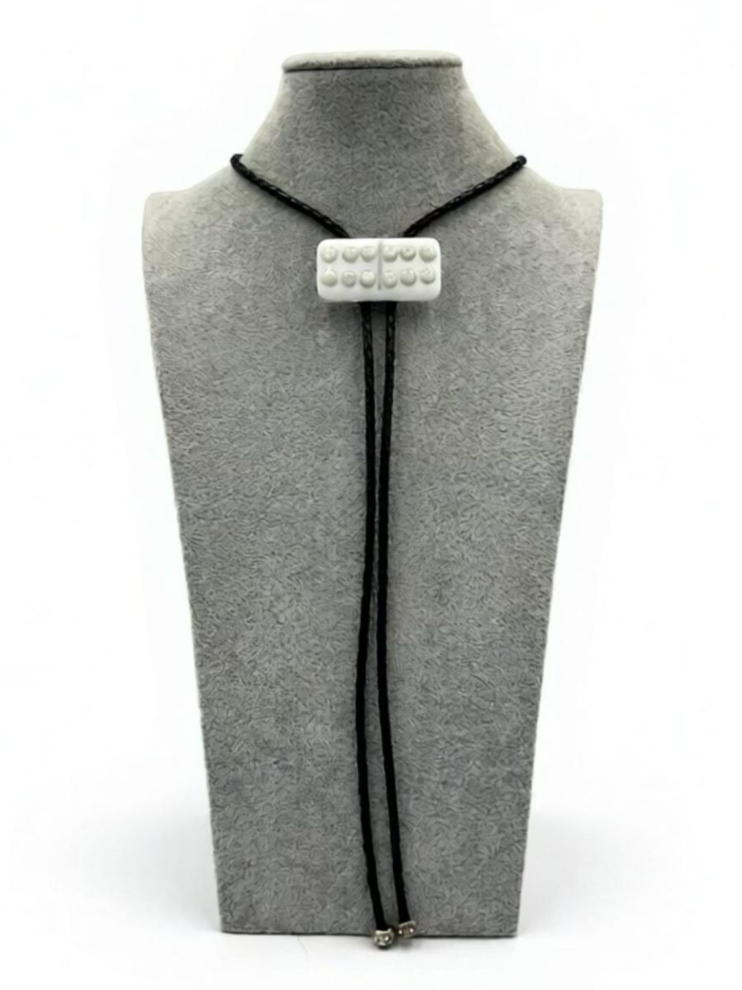 White Fused Glass Domino Bolo Tie with French Vanilla Details (6-6) - 2” x 1”