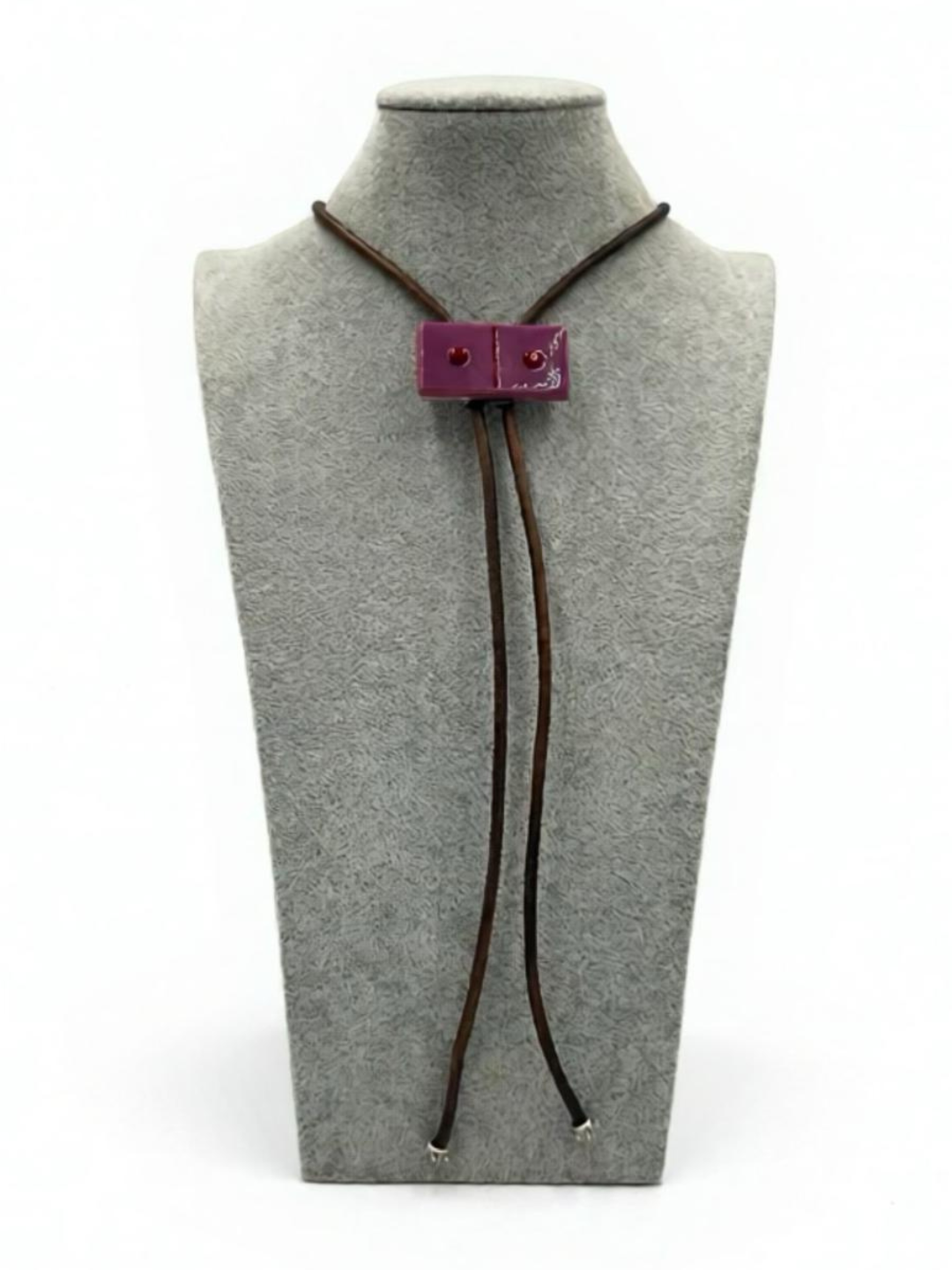 Pink Fused Glass Domino Bolo Tie with Red Details - 2” x 1”