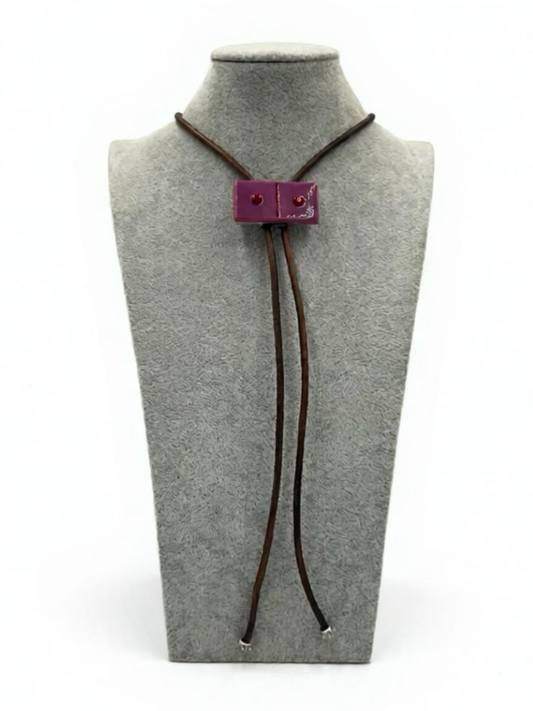 Pink Fused Glass Domino Bolo Tie with Red Details - 2” x 1”