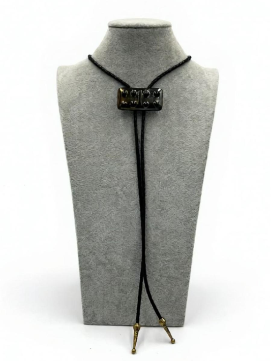 Black/Gold Iridescent Fused Glass Domino Bolo Tie with Black Details (5-5) - 2” x 1”