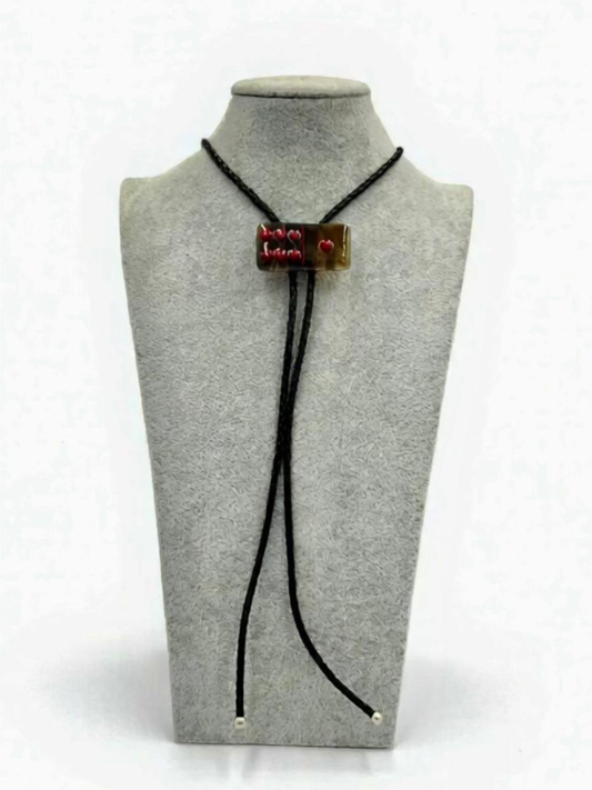 Petrified Wood Brown Fused Glass Domino Bolo Tie with Red Details - 2” x 1”