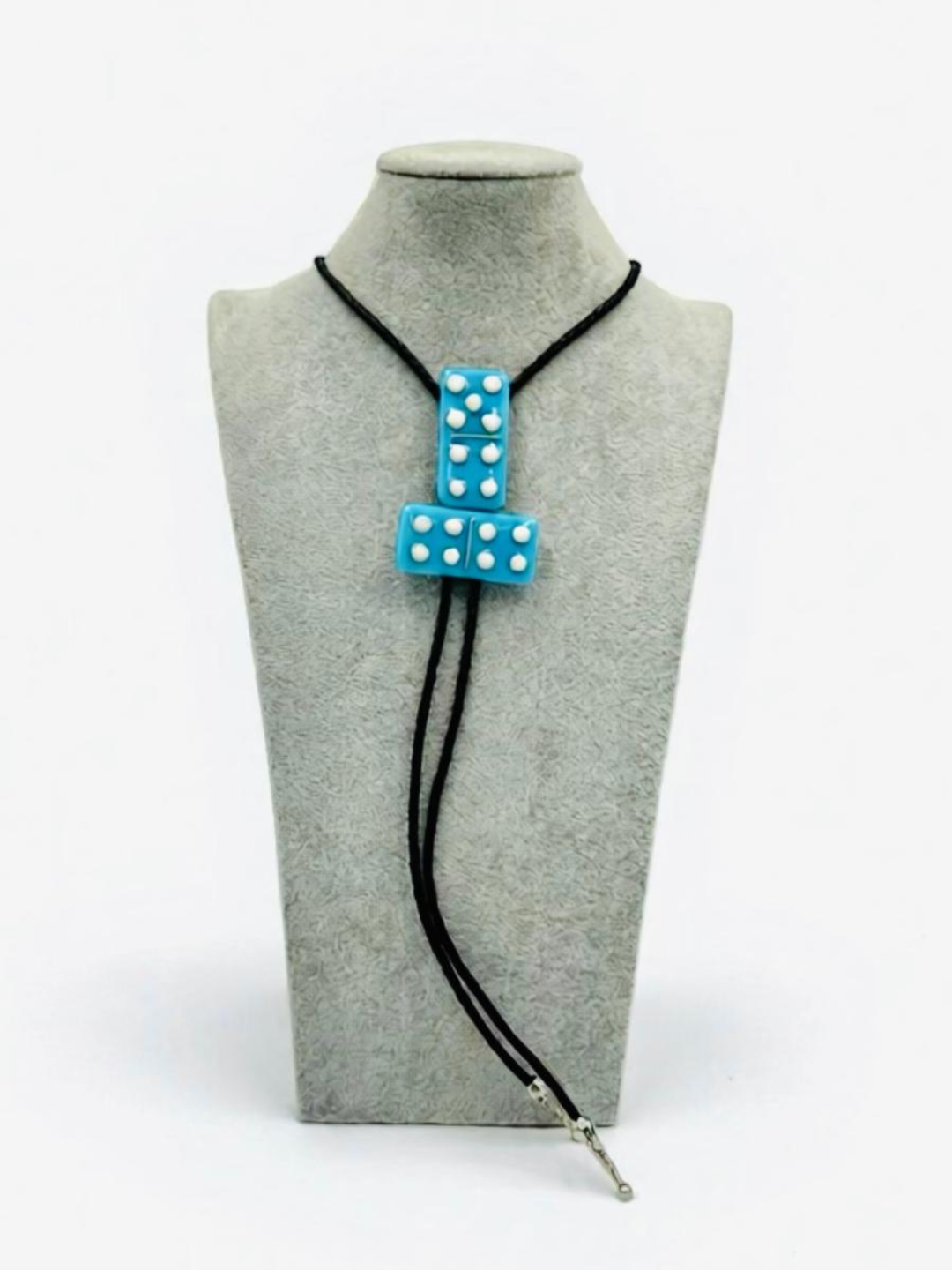 Cyan Blue Fused Glass Domino Bolo Tie with French Vanilla Details - 2 Dominos