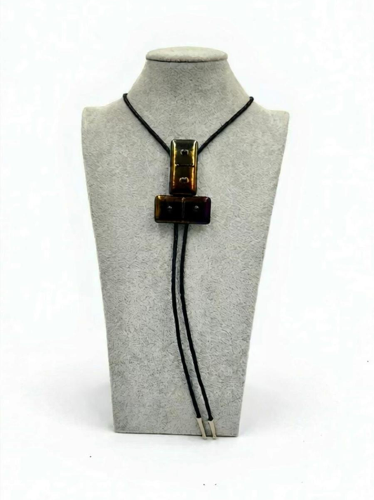 Black/Gold Iridescent Fused Glass Domino Bolo Tie with Black Details - 2 Piece Design