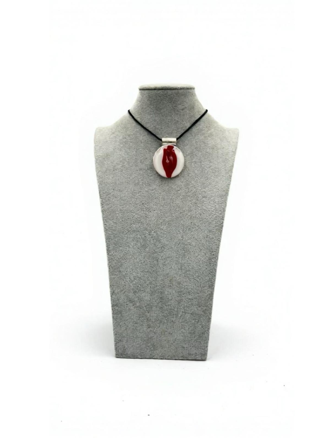 White Fused Glass Disc Pendant with Red details-2”