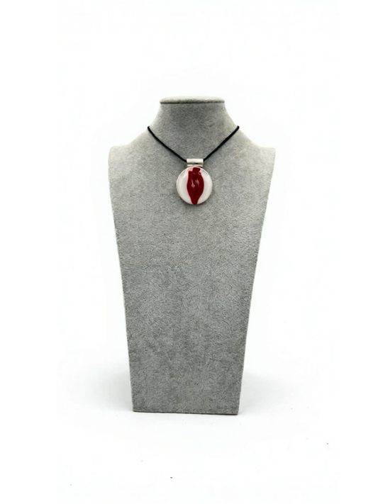 White Fused Glass Disc Pendant with Red details-2”