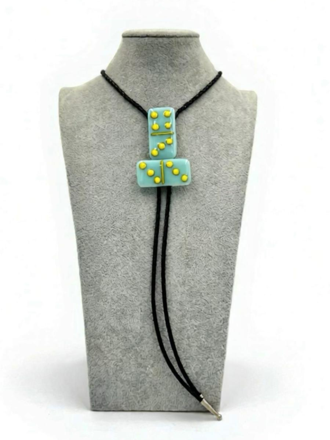 Robin’s Egg Blue Fused Glass Domino Bolo Tie with Yellow Details - 2 Piece Design