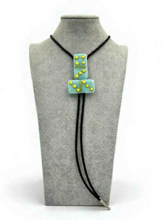 Robin’s Egg Blue Fused Glass Domino Bolo Tie with Yellow Details - 2 Piece Design