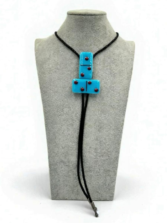 Cyan Blue Fused Glass Domino Bolo Tie with Red Details - 2 Piece Design