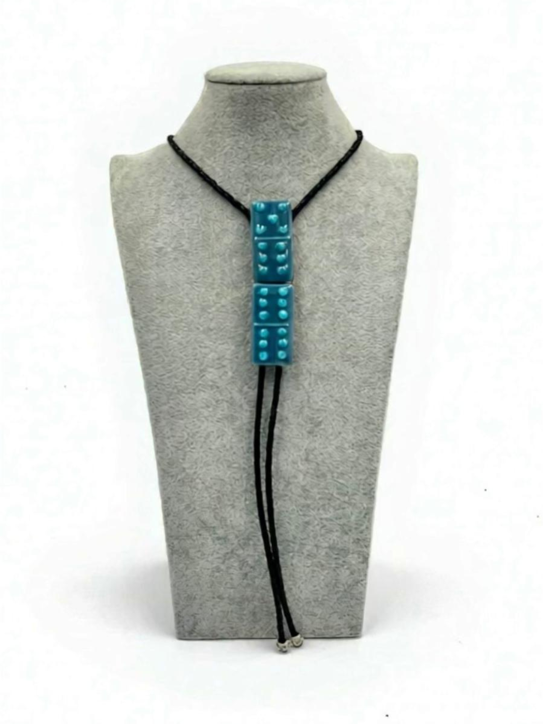 Dusty Blue Fused Glass Domino Bolo Tie with Turquoise Details - 2 Piece Design