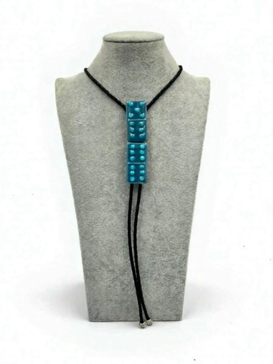 Dusty Blue Fused Glass Domino Bolo Tie with Turquoise Details - 2 Piece Design