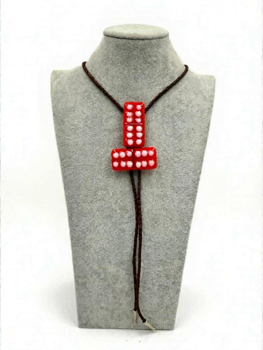 Pimiento Red Fused Glass Domino Bolo Tie with Petal Pink Details - 2 Piece Design