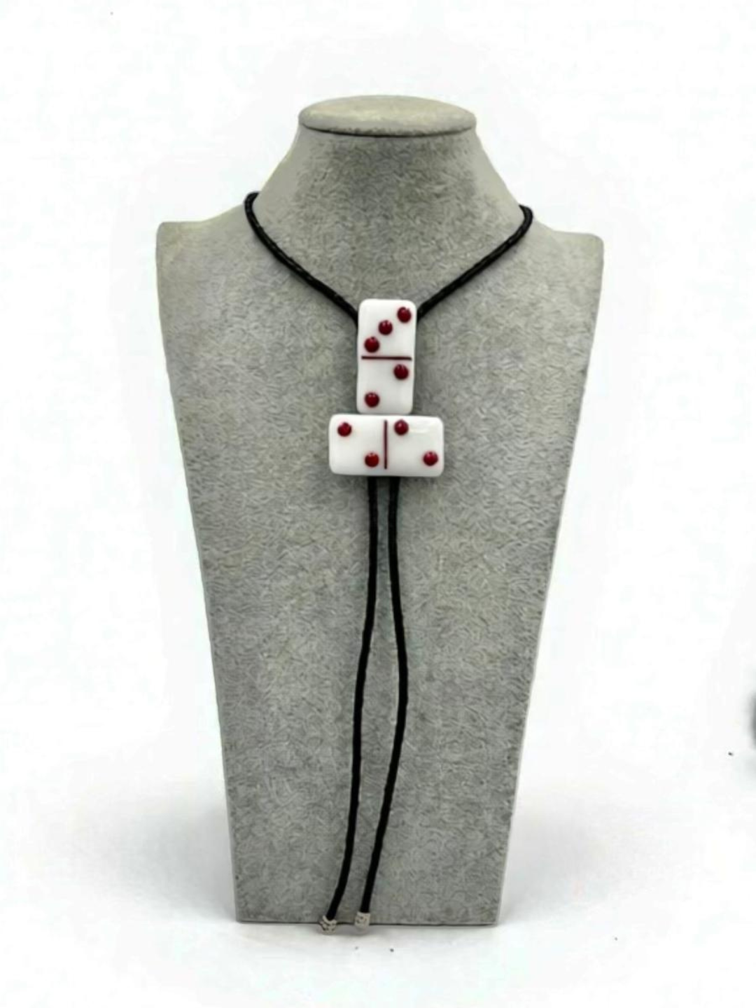 White Fused Glass Domino Bolo Tie with Red Details - 2 Piece Design
