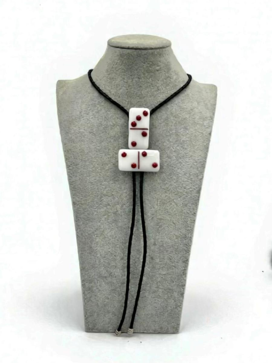 White Fused Glass Domino Bolo Tie with Red Details - 2 Piece Design