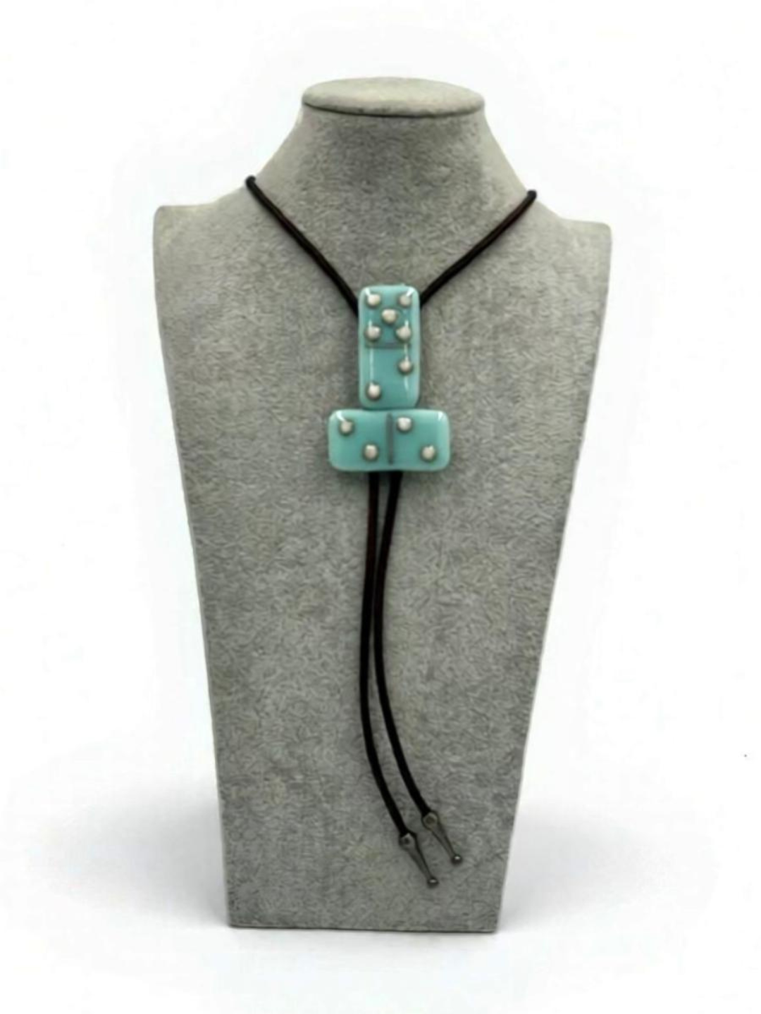 Robin’s Egg Blue Fused Glass Domino Bolo Tie with French Vanilla Details - 2 Piece Design