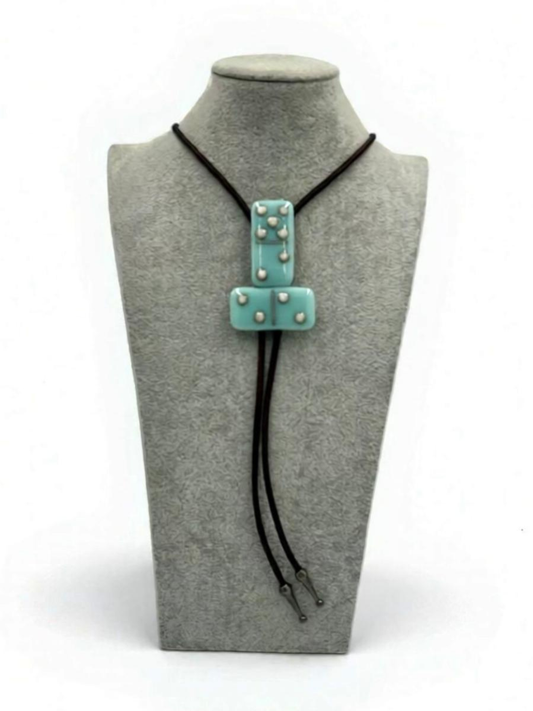 Robin’s Egg Blue Fused Glass Domino Bolo Tie with French Vanilla Details - 2 Piece Design