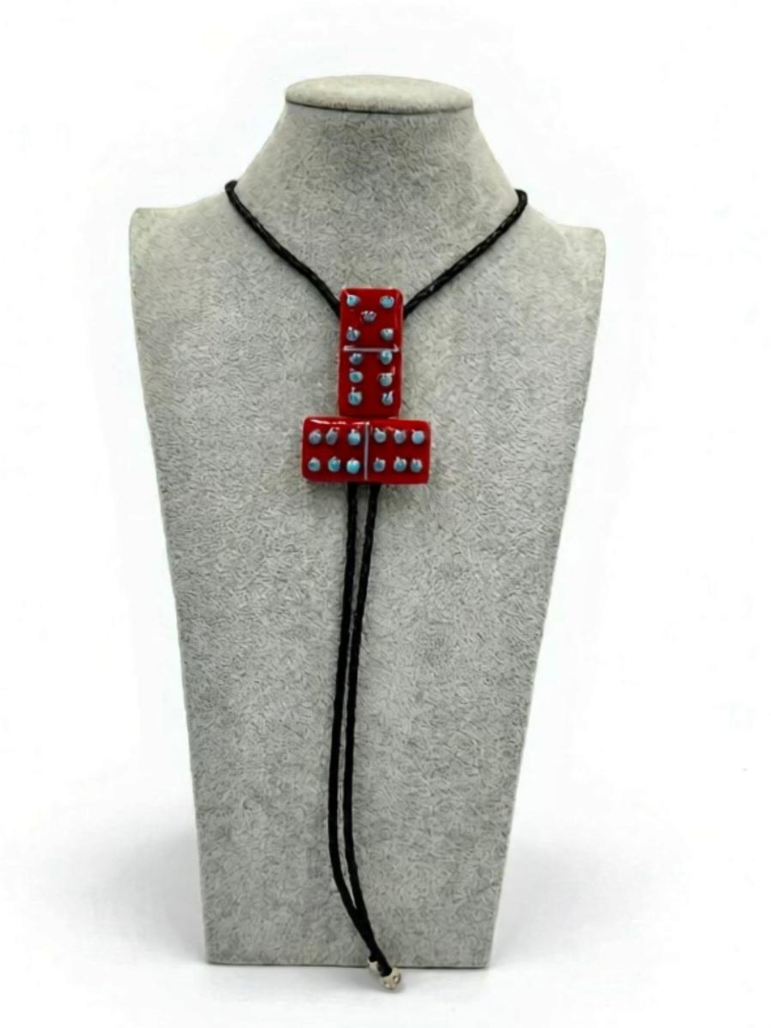 Red Fused Glass Domino Bolo Tie with Turquoise Details - 2 Piece Design