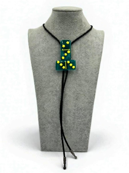 Peacock Blue/White Fused Glass Domino Bolo Tie with Yellow Details - T-Shape