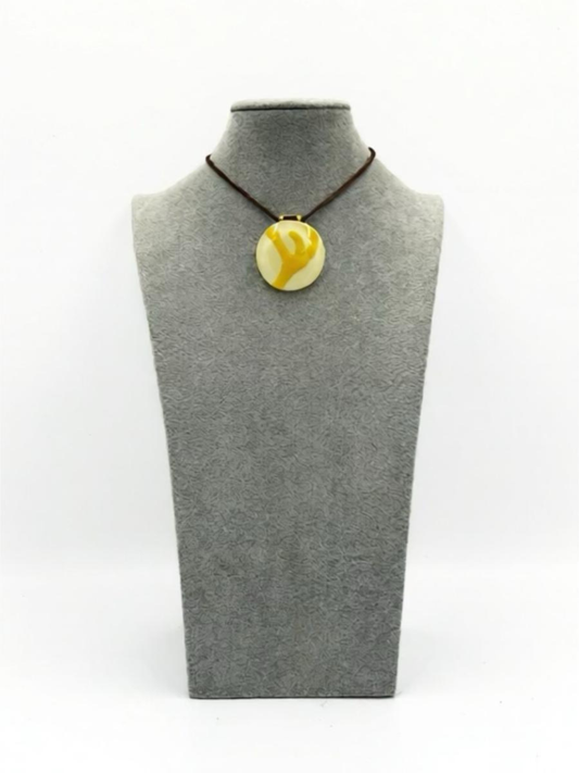 French Vanilla Fused Glass Disc Pendant with Yellow details-2”