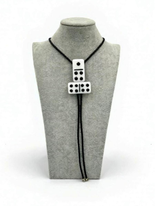 White Fused Glass Domino Bolo Tie with Black Details - T-Inverted Shape