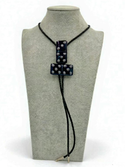 Black Iridescent Fused Glass Domino Bolo Tie with Dusty Lilac Details - 2 Piece Design