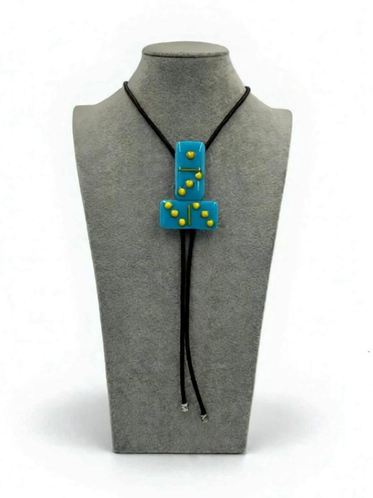 Cyan Blue Fused Glass Domino Bolo Tie with Yellow Details - T-Inverted Shape