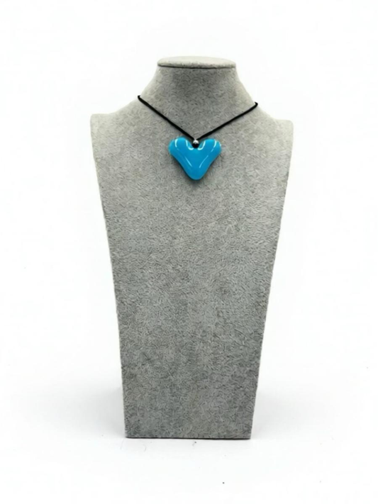 Cyan Fused Glass Heart Pendant - 2” x 1.5”