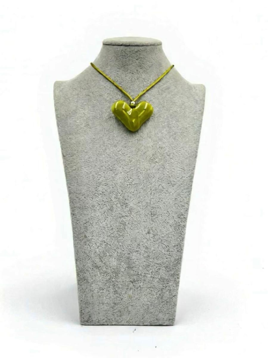 Avocado Green Fused Glass Heart Pendant - 2” x 1.5”